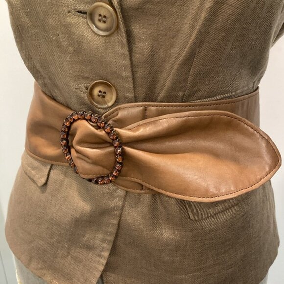 Brown Faux Leather Belt with Beaded Buckle Waist Cinch Size M/L main image 10